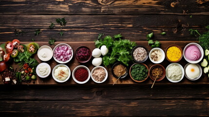 Fototapeta na wymiar Assorted Condiments and Ingredients for Gourmet Cooking on Rustic Wooden Background
