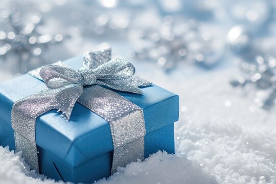 A Blue Gift Box Nestled Amidst Snow, Bringing Joy And Excitement During The Snowy Season, A Blue Gift Box Wrapped In Silver Bows On A Serene White Snow Background, AI Generated