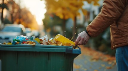 Man throwing garbage in trash bin outdoors - obrazy, fototapety, plakaty