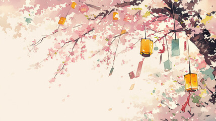 桜の木のある日本のお祭りの風景　Generative AI