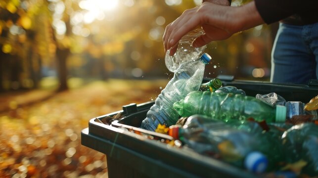 Man throwing garbage in trash bin outdoors