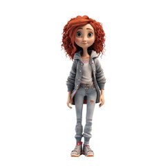 The 3D animation character depicts a teenage girl with a red head, characterized by big expressive eyes, and dressed in jeans, capturing a youthful and vibrant persona.