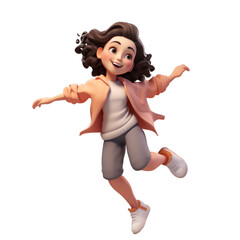 The 3D animation character depicts a teenage girl jumping with a big smile, radiating happiness and exuberance in a lively and spirited manner.