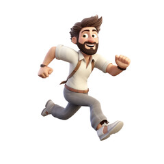 The 3D animation character features a man with a beard, depicted running with a smile, exuding a sense of vitality and joyfulness in his animated movement.