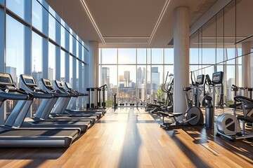 This photo showcases a well-lit gym with an abundance of treadmills and expansive windows, A bright open-concept gym with floor to ceiling windows, AI Generated - obrazy, fototapety, plakaty