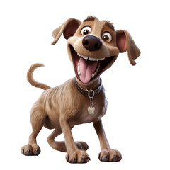 The 3D animation character portrays a brown dog with a happy smile, exuding a cheerful and friendly demeanor in its animated depiction.
