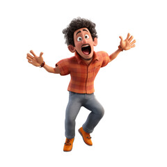 The 3D animation character features a man with curly hair, exhibiting excitement and anticipation upon seeing something of interest or significance.