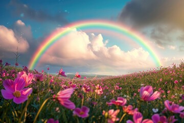 Mesmerizing rainbow gracefully arching over a picturesque field of colorful blooms, creating a stunning and serene nature scene, A brilliant rainbow over a blooming meadow, AI Generated
