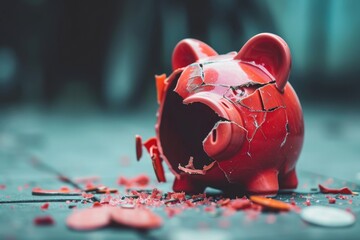 An image of a shattered piggy bank lying on the ground, symbolizing financial loss and the destruction of savings, A broken piggy bank, denoting financial loss, AI Generated