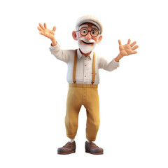 The 3D animation character portrays a grandpa with open arms, warmly welcoming his grandchildren, exuding love and joy in his animated depiction.