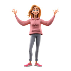 The 3D animation character depicts a girl with open arms, exuding a welcoming gesture and a friendly demeanor.