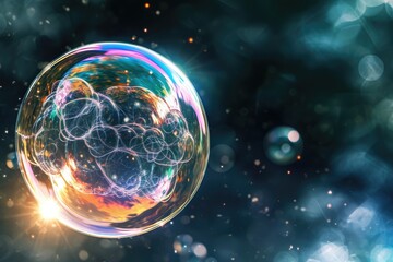 A mesmerizing soap bubble floats effortlessly, capturing and reflecting the vibrant hues of its surroundings, A bursting crypto trading bubble concept, AI Generated