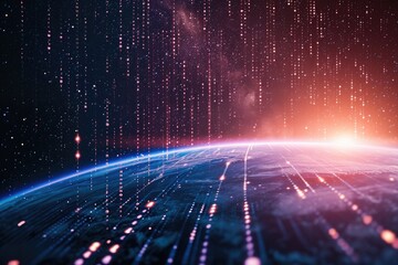 Behold a stunning image of Earth captured from the vantage point of space, showcasing its awe-inspiring beauty and vastness, A burst of binary code from space, AI Generated