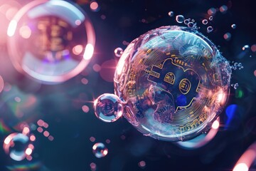 A bitcoin defying gravity as it hovers mid-air, enveloped by a whimsical ensemble of bubbles, A bursting crypto trading bubble concept, AI Generated