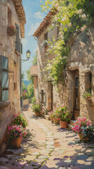 Fototapeta na wymiar Charming Cobblestone Alley in a Traditional Provence Village: Picturesque Stone Houses with Shuttered Windows and Blooming Flowers, Idyllic French Countryside Scene for Travel and Culture.