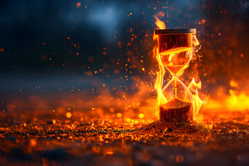 Flame Fire Burning Hourglass on the Ground. Deadline time conept