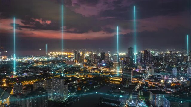 Aerial panoramic hyperlapse shot of large city at dusk. Manila, Philippines. Added augmented reality visual effects
