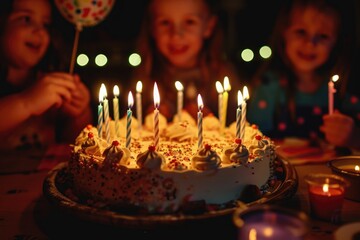 A group of children gather around a birthday cake, ready to celebrate with joy and excitement, A cake with candles being brought out at a children's party, AI Generated - Powered by Adobe