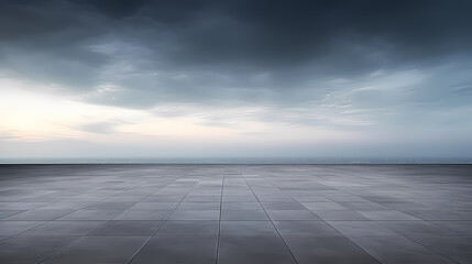 Dark concrete floor background infinite horizon sky panoramic scene