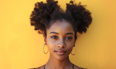 woman African American black little girl with two puffs pony tail hair on her head.Afro hairstyles.Generative AI - obrazy, fototapety, plakaty