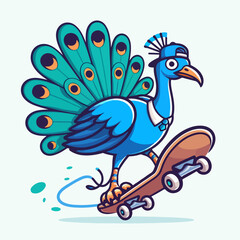 sport animal cool peacock bird jumping on a skateboard wearing a hat vector illustration