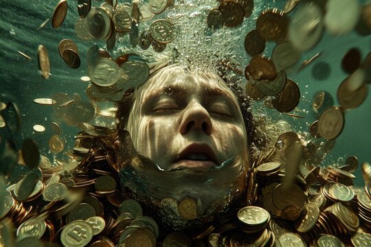 Witness a captivating moment as a woman swims gracefully in the water while being encircled by numerous coins, A character drowning in a pile of coins representing inflation, AI Generated