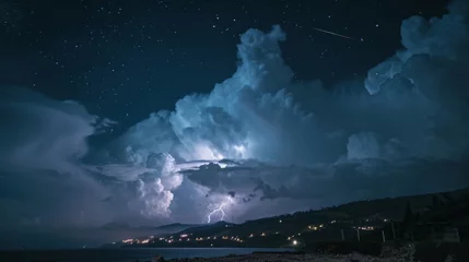 Fotobehang Thunders in night sky long exposure © Lakkhana