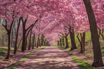 A stunning tree-lined road adorned with an abundance of vibrant pink flowers, creating an enchanting and serene scene, A cherry blossom forest path in spring bloom, AI Generated