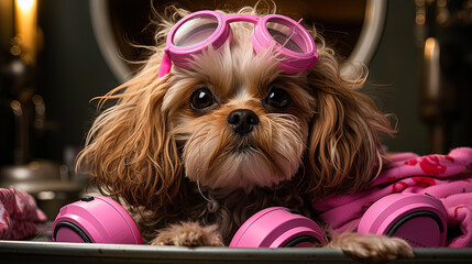 A Yorkie terrier reclines on the groomers table