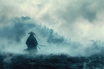 A man wearing a hat and holding a sword is standing in a mysterious fog-filled forest, A chilling apparition of a samurai hinting at an ancient Japanese battlefield, AI Generated