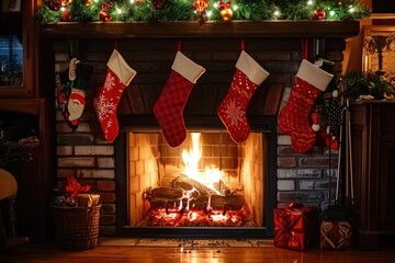 A festive Christmas fireplace adorned with stockings, creating a cozy and warm holiday atmosphere, A Christmas fireplace scene with stockings hanging and fire blazing, AI Generated