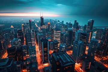Fototapeta premium Aerial View of City at Night, Illuminated Urban Landscape of Lights and Buildings, A city glowing under the evening skyline from above, AI Generated