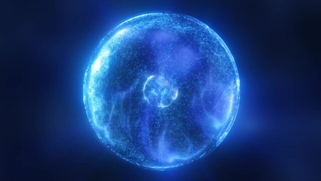 Blue energy magic circle, sphere, ball made of futuristic waves and lines of particles of atomic energy and electricity force field. Abstract background. Video in high quality 4k, motion design
