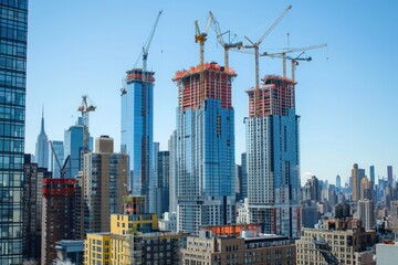 A view of a cityscape showcasing a group of high-rise buildings with construction cranes on their roofs, A city skyline during the construction of a new skyscraper, AI Generated