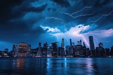 The electrifying sight of lightning illuminating a city skyline during a stormy night, A city skyline lit by forked lightning, AI Generated