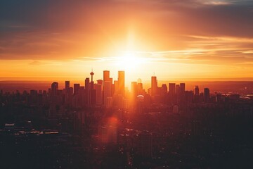 A stunning photo capturing the sun as it sets over a bustling city filled with towering buildings, A city skyline silhouetted against the setting sun from an aerial view, AI Generated