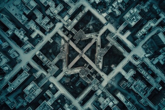 This stunning aerial photograph captures a building with a plane in the middle, showcasing an incredible urban landscape, A cityâ€™s concrete maze depicted from an aerial view, AI Generated