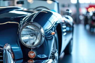 A detailed view of a blue sports car, showcasing its sleek design and vibrant color, A classic sports car in pristine condition, AI Generated - obrazy, fototapety, plakaty