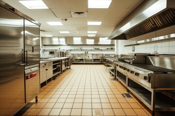 Fototapeta premium A professional commercial kitchen equipped with stainless steel appliances and featuring durable tile flooring, A clean, empty restaurant kitchen with shiny appliances and tiled floors, AI Generated