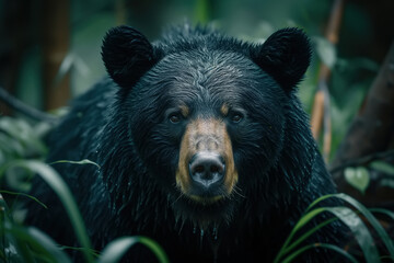 Big black wet bear in jungle, Ferocious wild animal