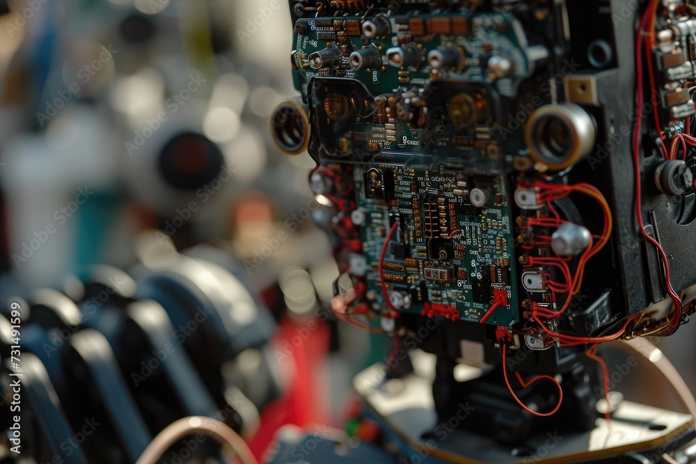 Poster an up-close photo capturing the intricate details of a machine adorned with multiple interconnected 