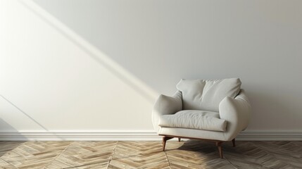 Modern minimalist interior with an armchair on empty white wall background.3D rendering   