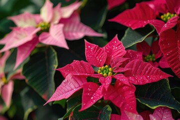Capture the vibrant beauty of a stunning arrangement of red poinsettias adorned with lush green leaves, A close-up view of a beautiful poinsettia plant - the Christmas Star, AI Generated