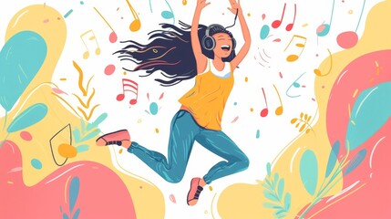 portrait happy woman jumping and listening music   