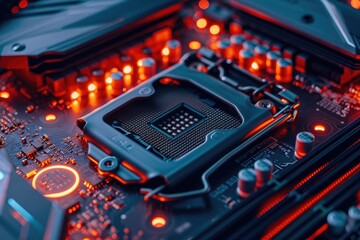 A detailed close-up view of a computer motherboard showcasing intricate circuits and high-tech electronic components, A close-up view of a graphics card, AI Generated