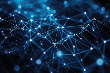 An eye-catching photo featuring a dynamic blue and black backdrop with an array of intersecting lines and scattered dots, A cluster of network nodes shown in a minimalist style, AI Generated