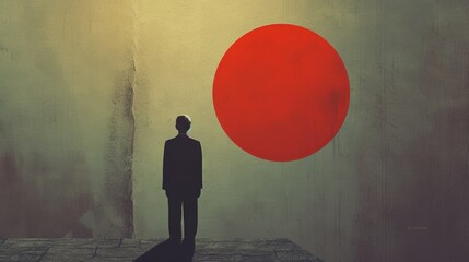 The man stands with his back minimalistic surreal vintage Japan style album art   