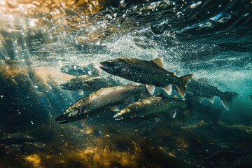 Fototapeta premium A fascinating sight of a large group of fish swimming together in their natural habitat, A cluster of salmon swimming against the current in a sparkling river, AI Generated