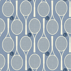 Seamless sports pattern for tennis fans with rackets and balls. Light grey background. - 731491946
