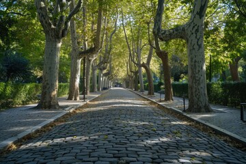A peaceful cobblestone street featuring a row of trees and benches, creating a tranquil and inviting atmosphere, A cobbled pathway flanked by towering sycamore trees in a park, AI Generated